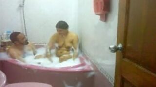 Horny couple enjoying nude bath